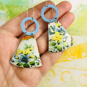 Gorgeous Blue & Yellow Flowers Small Fan Tin Earrings