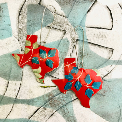 Blueberry Leaves on Scarlet Texas Upcycled Tin Earrings