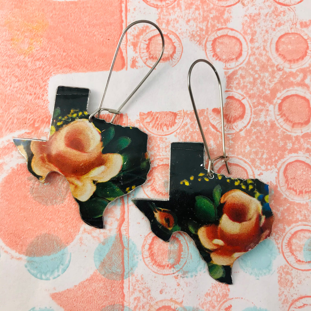 Pink Roses on Black Texas Upcycled Tin Earrings