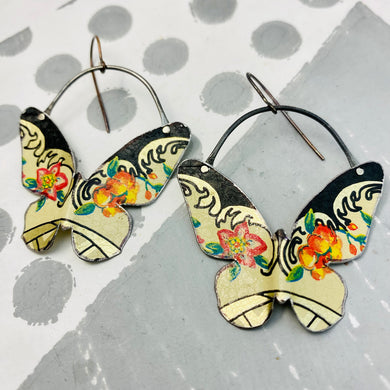 Flowers on Cream Butterflies Upcycled Tin Earrings