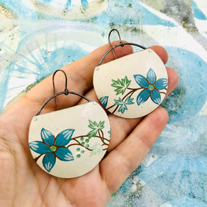 Powdery Blue Flowers on Cream Recycled Tin Circle Earrings