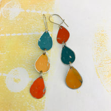 Load image into Gallery viewer, Teal, Goldenrod &amp; Fire Tri-Teardrop Upcycled Tin Earrings
