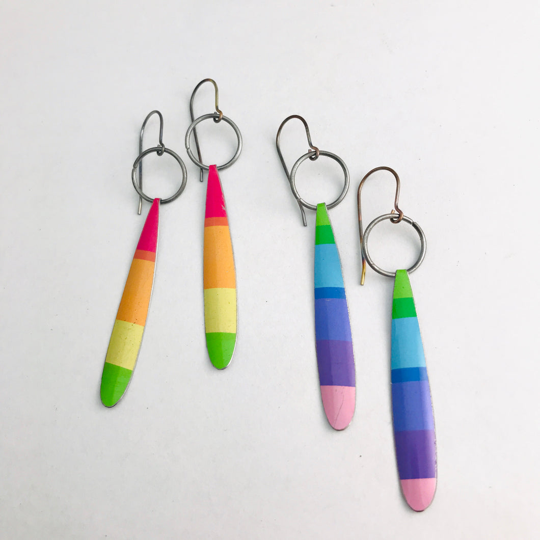 Bright Cools Rainbow Stripe Long Teardrops Upcycled Tin Earrings