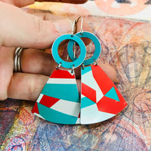 Load image into Gallery viewer, Teal &amp; Scarlet Fractals Small Fans Zero Waste Tin Earrings
