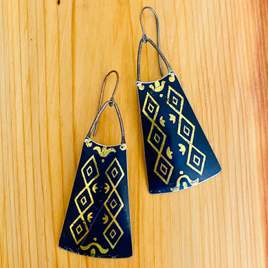 Golden Diamonds on Midnight Blue Upcycled Tin Long Fans Earrings