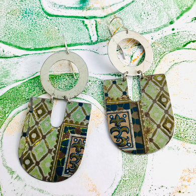 Vintage Golden Harlequins on Sage Chunky Horseshoes Zero Waste Tin Earrings