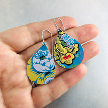 Load image into Gallery viewer, Stylized Flowers on Bright Blue Upcycled Teardrop Tin Earrings