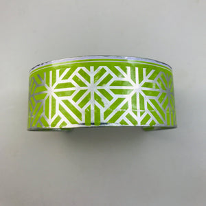 Geometric Silver Pattern On Spring Green Upcycled Tin Cuff