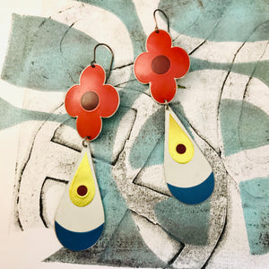 Big Red Flowers and Teardrops Upcycled Long Pod Tin Earrings