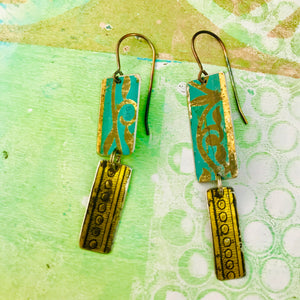 Mixed Vintage Edge Pattern Turquoise & Gold Recycled Tin Earrings