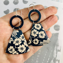 Load image into Gallery viewer, Midnight Blue &amp; Ecru Tiny Flowers Small Fans Tin Earrings