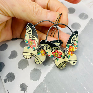 Flowers on Cream Butterflies Upcycled Tin Earrings