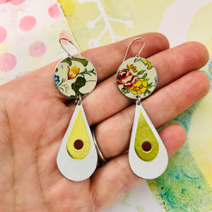 Flowers & Long White Teardrops Tin Earrings