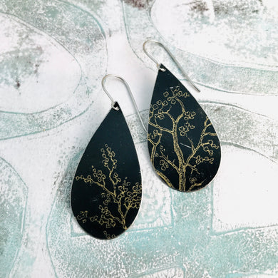Golden Branches on Midnight Upcycled Teardrop Tin Earrings