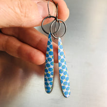 Load image into Gallery viewer, Blue Dot Pattern Long Teardrops Upcycled Tin Earrings