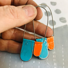 Load image into Gallery viewer, Antiqued Aqua &amp; Persimmon Arch Dangle Tin Earrings