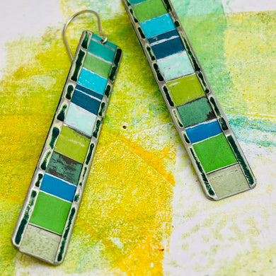 Fenced & Folded Mixed Greens Rectangle Tin Earrings