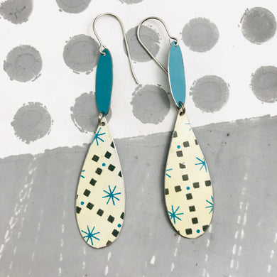 Blue Retro Asterisk Upcycled Teardrop Tin Earrings