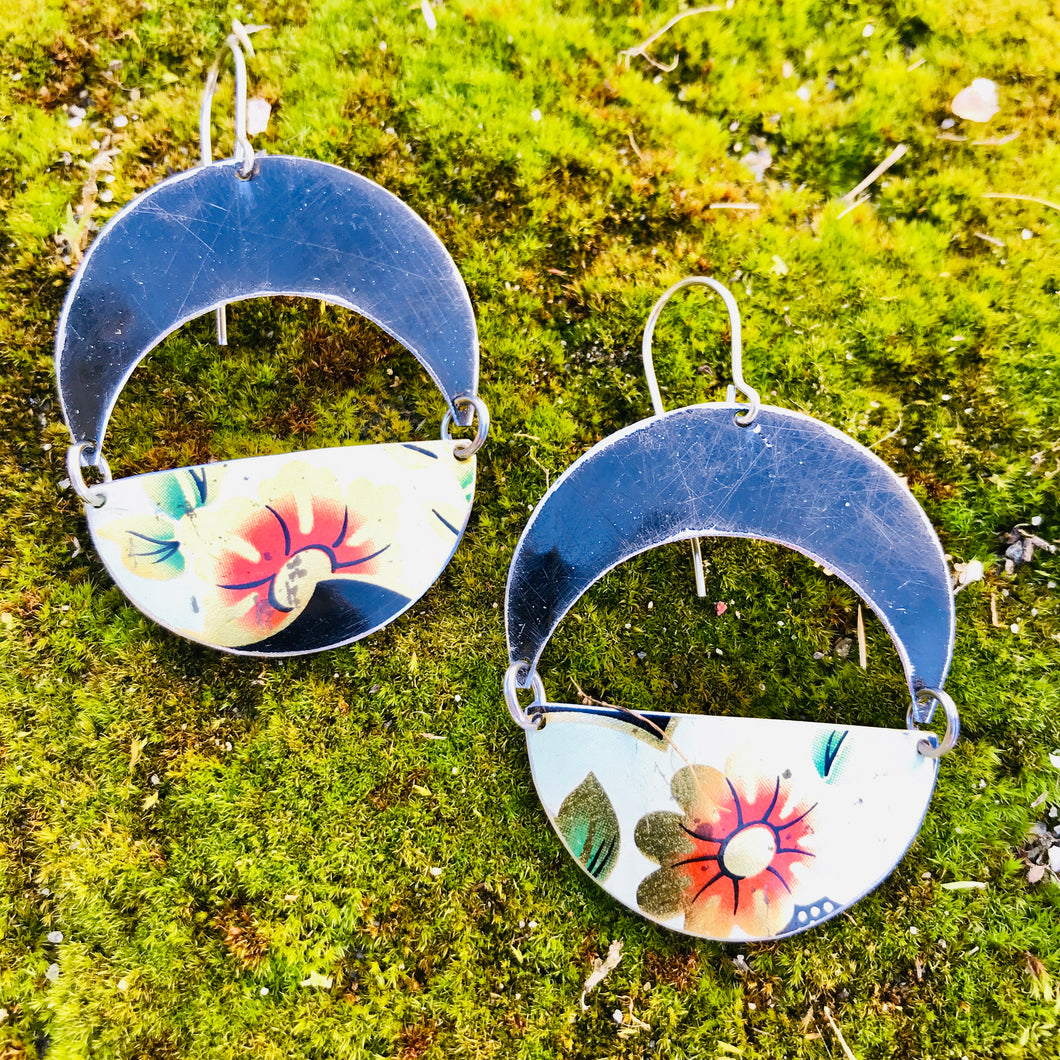 Hibiscus & Midnight Moon Upcycled Tin Circle Earrings