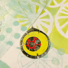 Load image into Gallery viewer, Encircled Red in Sunny Yellow Upcycled Tin Earrings
