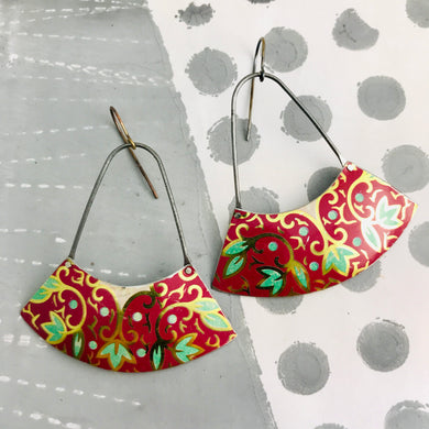 Green Leaves in Red Wide Arc Zero Waste Earrings