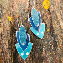 Load image into Gallery viewer, Shimmery Teal Reuleaux Triangle Upcycled Teardrop Tin Earrings