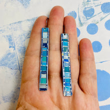 Load image into Gallery viewer, Fenced &amp; Folded Blues Rectangle Tin Earrings