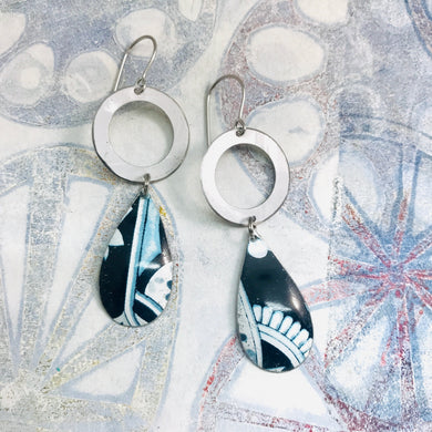 Dark Dark Blue & White Upcycled Teardrop Tin Earrings