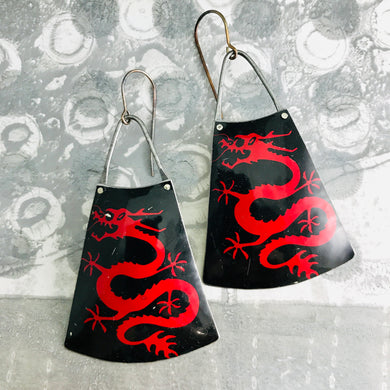 Chinese Dragons on Black Upcycled Tin Fans Earrings