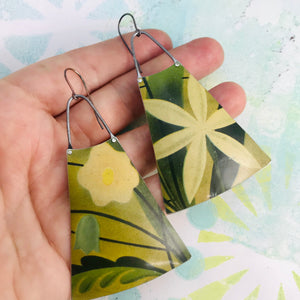 Big Happy Flowers Upcycled Tin Long Fans Earrings