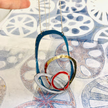 Load image into Gallery viewer, Teal, Gold, Scarlet &amp; Snow Scribbles Upcycled Tin Necklace