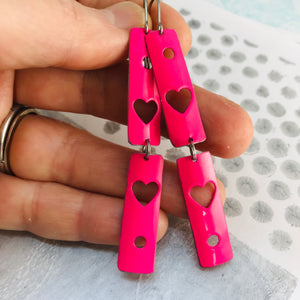 Hot Pink Hearts Narrow Rectangle Tin Earrings