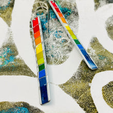 Load image into Gallery viewer, Rainbow Fenced White Edge Narrow Rectangle Tin Earrings