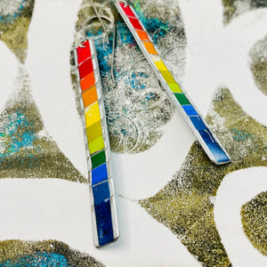 Rainbow Fenced White Edge Narrow Rectangle Tin Earrings