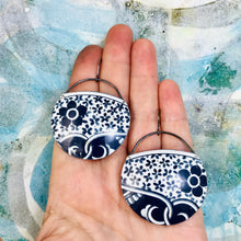 Load image into Gallery viewer, Midnight Blue Tiny Flowers Circles Upcycled Tin Earrings