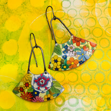 Load image into Gallery viewer, Allover Flower Fan Dangles Upcycled Tin Earrings