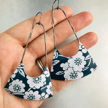 Load image into Gallery viewer, White Cherry Blossoms on Deep Teal Recycled Tin Earrings