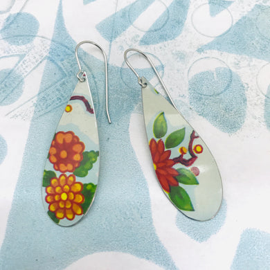 Vintage Bright Blossoms Upcycled Narrow Teardrop Tin Earrings