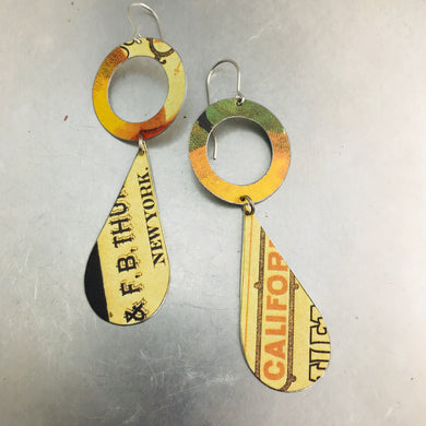 California & New York Upcycled Vintage Tin Long Teardrops Earrings by Christine Terrell for adaptive reuse jewelry