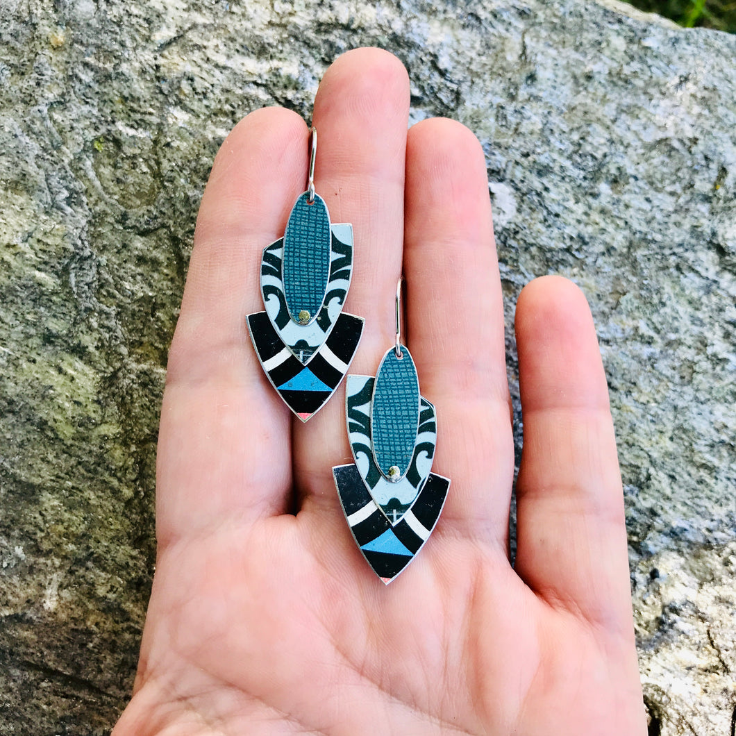 Mixed Blues & Teal Reuleaux Triangle Upcycled Teardrop Tin Earrings