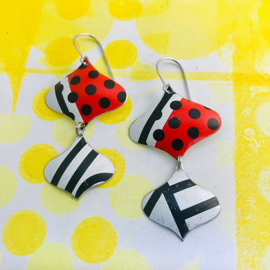 Black and White and Red Mixed Pattern Rex Ray Zero Waste Tin Earrings