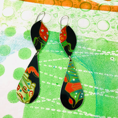 Bright Green & Scarlet on Midnight Blue Long Teardrops Tin Earrings