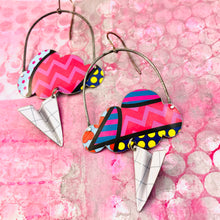 Load image into Gallery viewer, Bright Patterned Clouds &amp; Graph Paper Airplanes Zero Waste Tin Earrings
