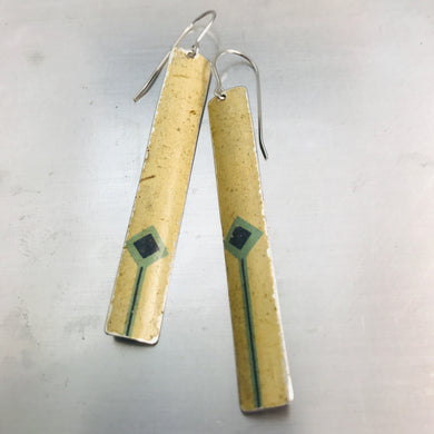 Vintage Blue Diamonds on Cream Long Rectangle Tin Earrings