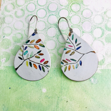 Colorful Olive Branches Upcycled Teardrop Tin Earrings