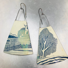 Load image into Gallery viewer, Pagoda and Japanese Tree Upcycled Vintage Tin Long Fans Earrings