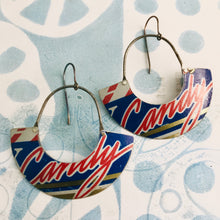 Load image into Gallery viewer, Candy Script Half Moon Recycled Tin Earrings