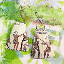Load image into Gallery viewer, Bayeux Tapestry Soldiers Upcycled Tin Long Fans Earrings