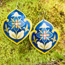 Load image into Gallery viewer, Big Blue Flowers in Yellow Frame Upcycled Tin Earrings