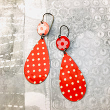 Load image into Gallery viewer, Orange Polka Dots Upcycled Teardrop Tin Earrings
